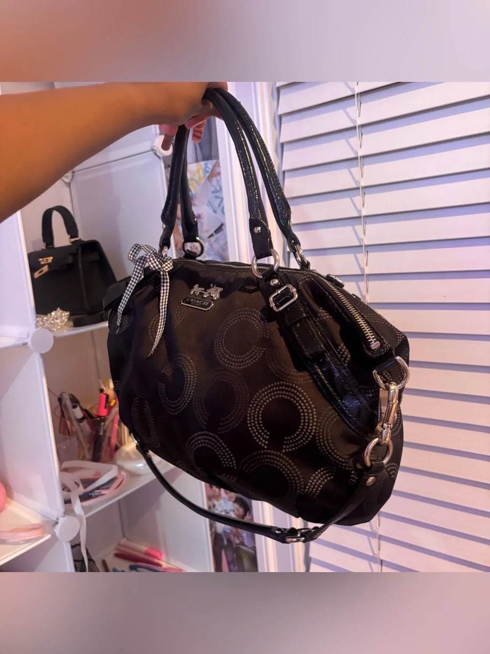 Coach Black Signature Dot Satchel with Bow Accent